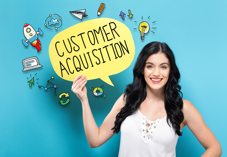 Customer Acquisition With Young Woman Holding A Speech Bubble